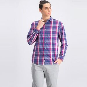 Bixby Nomad Slim Button Down Dress Shirt Size Large Tall Pink and Blue Plaid